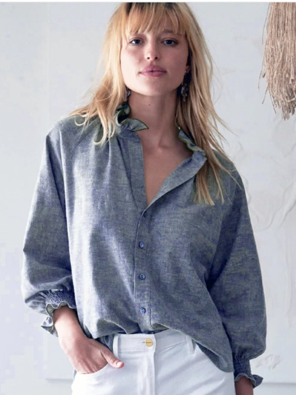 Finley Fiona Blue Chambray Button Down Blouse Size S Ruffle Neckline 3/4 Sleeve